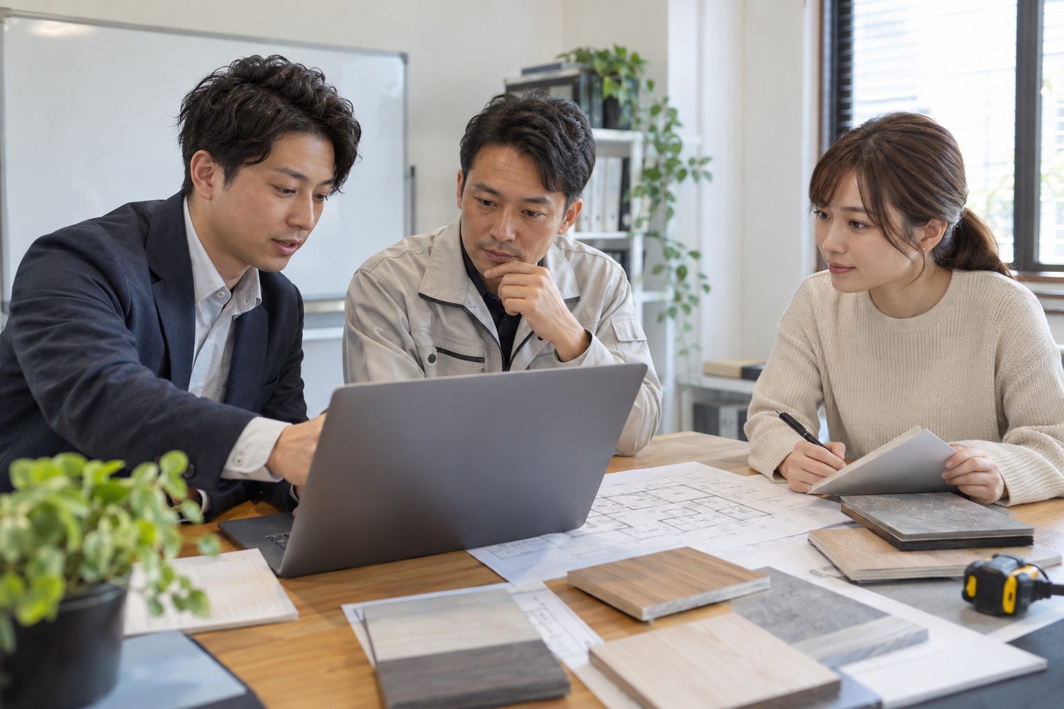 営業・現場・事務が一つの案件記録を確認する場面