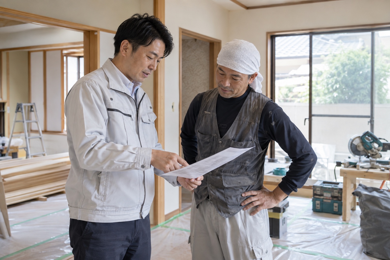 現場担当者と職人が着工前の申し送りを確認する場面