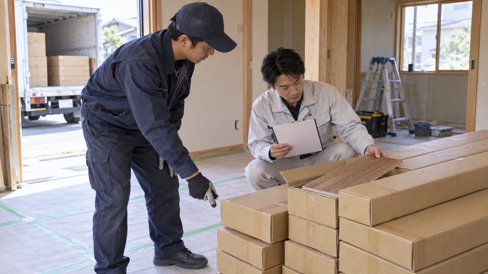 リフォーム現場で届いた床材の数量と状態を確認する担当者