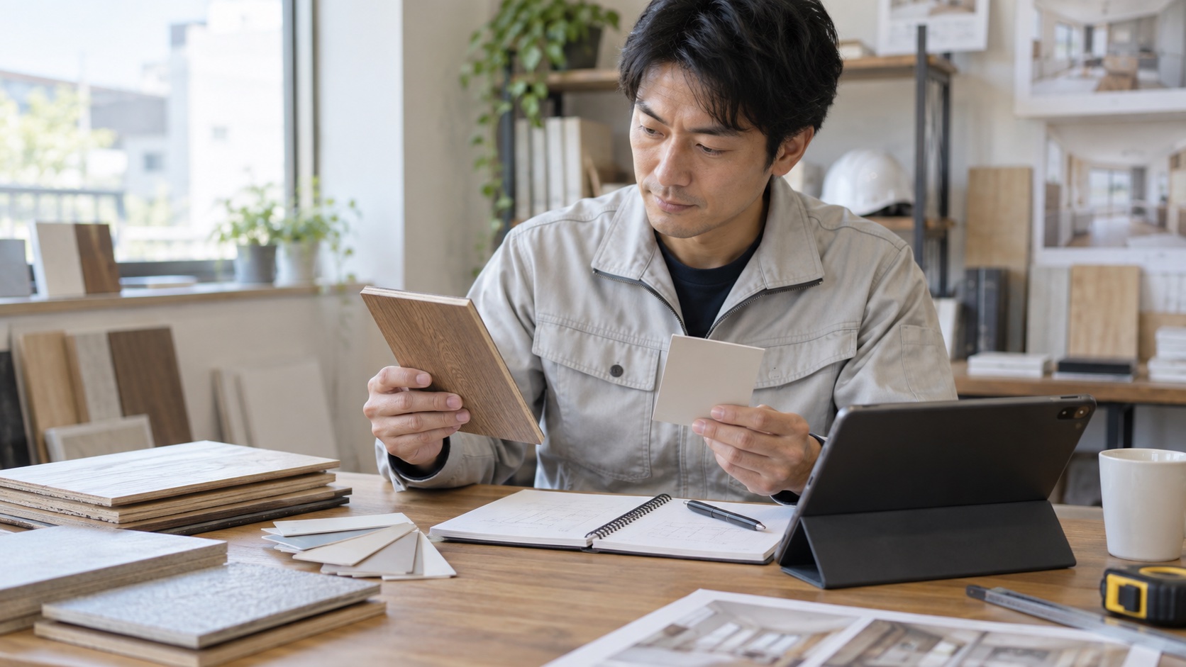 発注前に床材のサンプルと仕様を確認するリフォーム会社の担当者