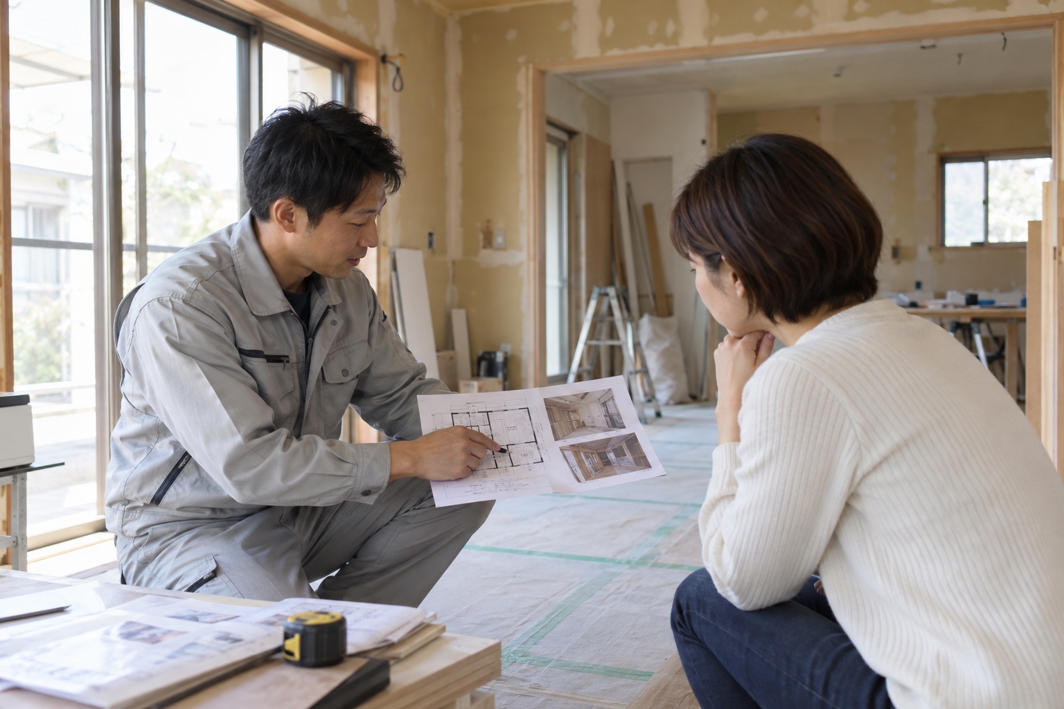 改修中の室内で図面と写真を使って施主に工事の予定を説明する担当者