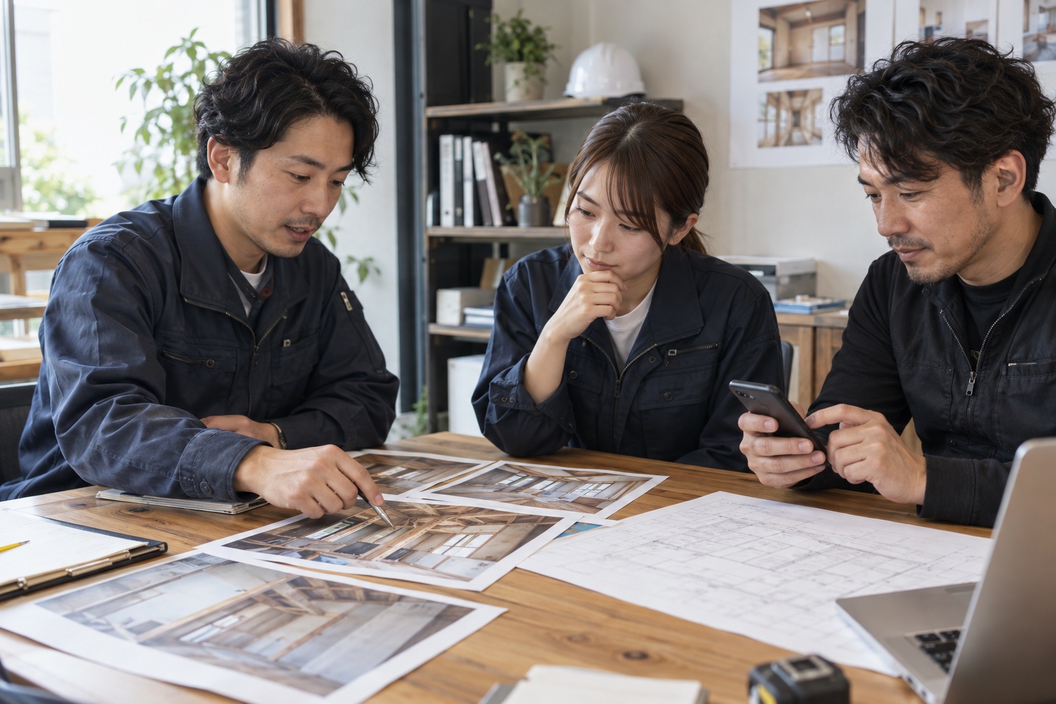 工事写真と予定を確認しながら施主への連絡内容を打ち合わせる担当者
