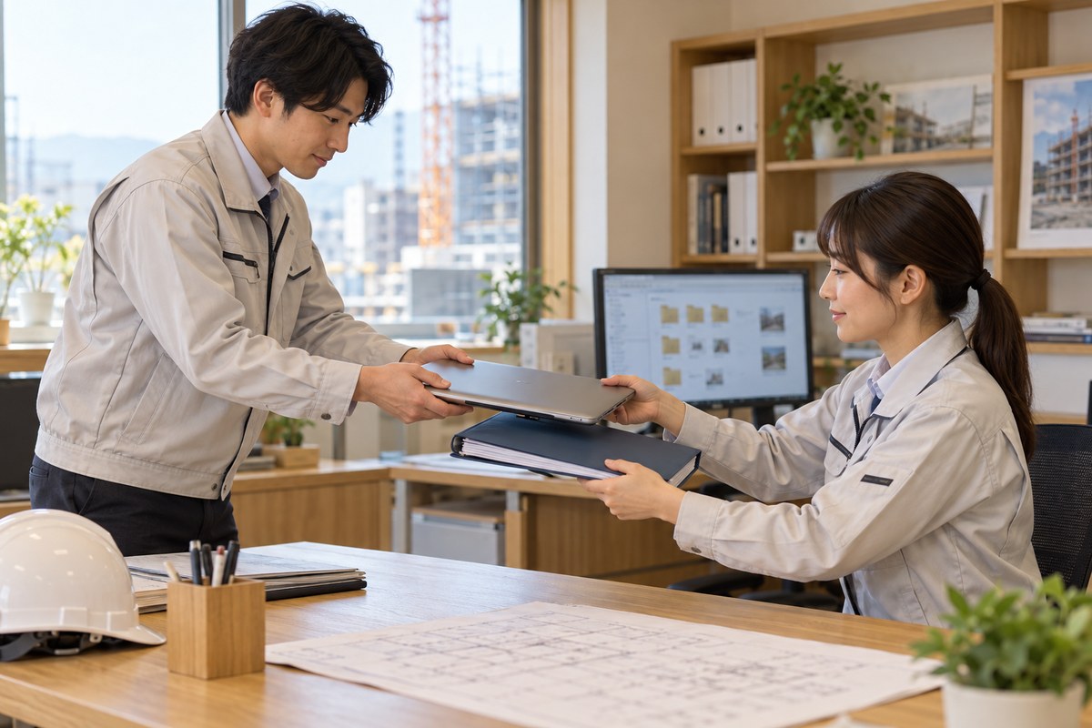 工事の資料とノートパソコンを引き継ぐ担当者