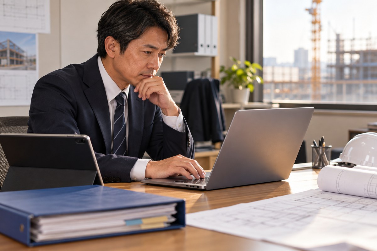 建設会社の事務担当が利用者一覧と管理表を照合する様子