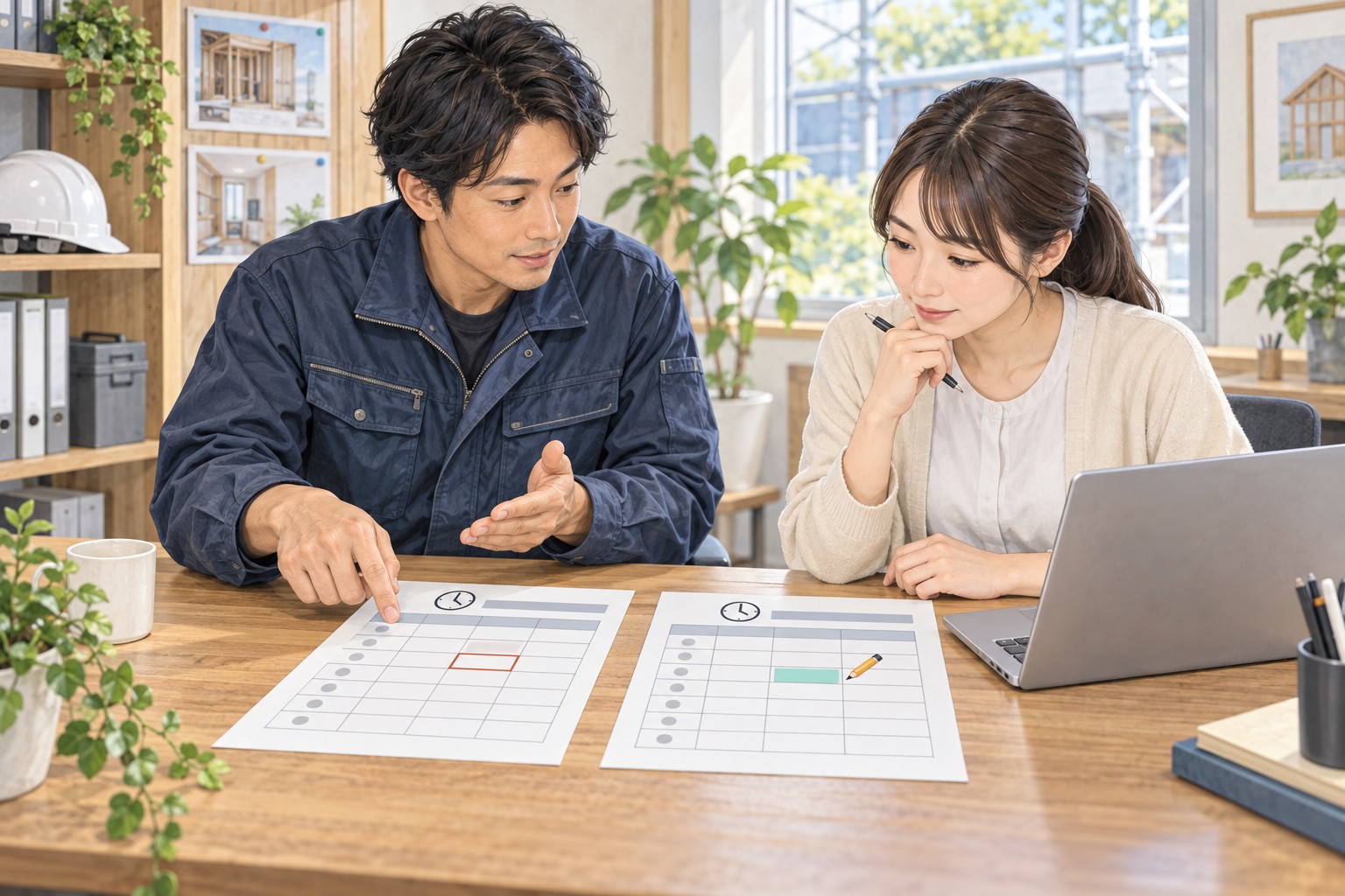 従業員と事務担当者が元の勤怠記録と訂正内容を一緒に確認する場面