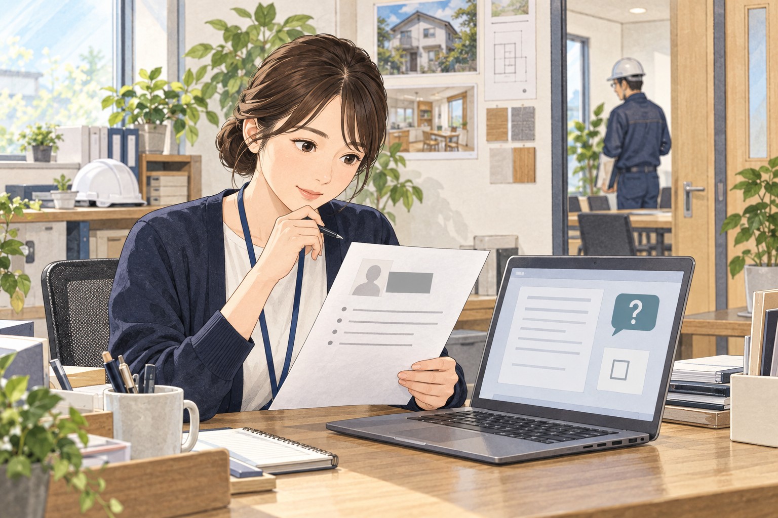 個人を識別する情報を伏せた確認メモと質問候補を事務担当者が照合する場面