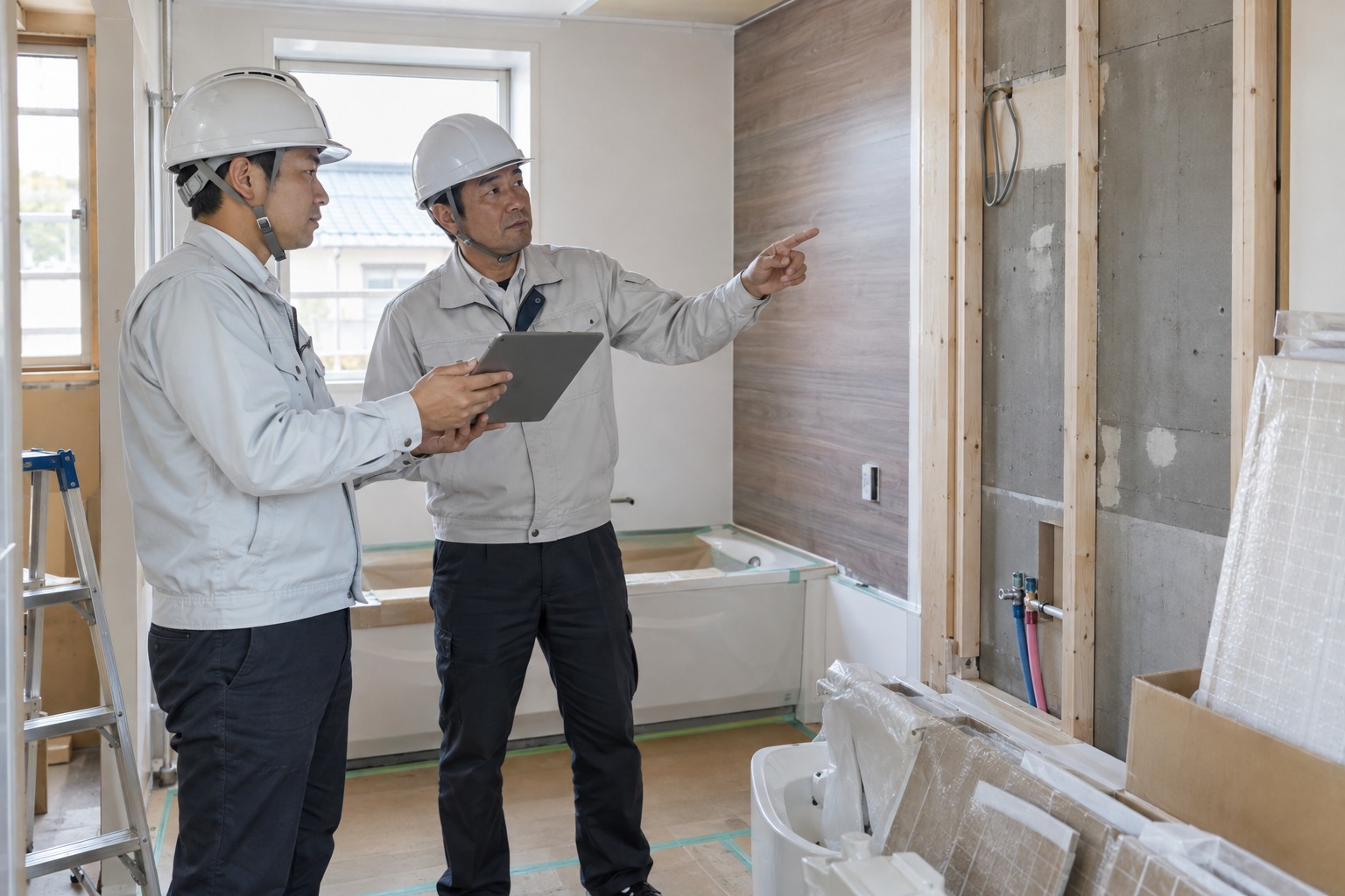 浴室の改修現場で完成までに残る作業を確認する担当者