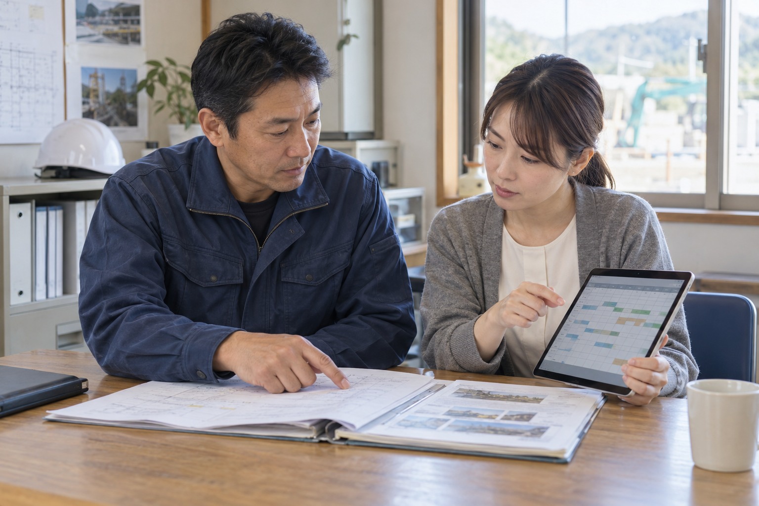 現場担当者と事務担当者が工事の変更と入金予定を確認する場面