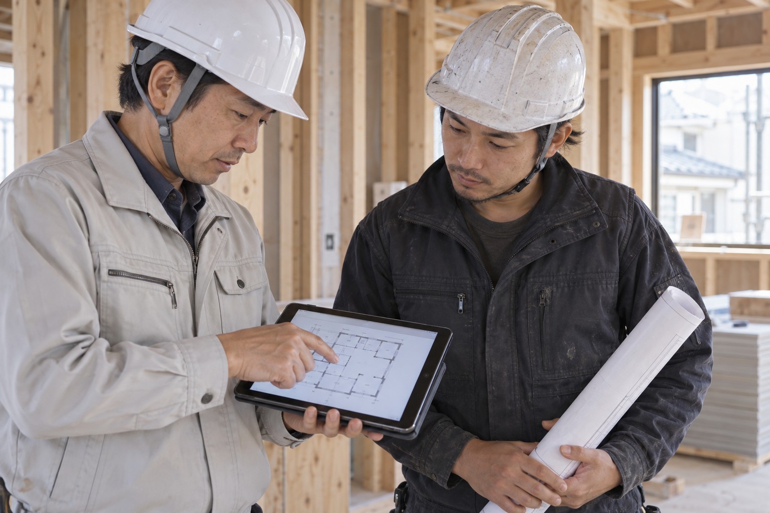 住宅の改修現場でタブレットと紙図面を確認する現場担当者