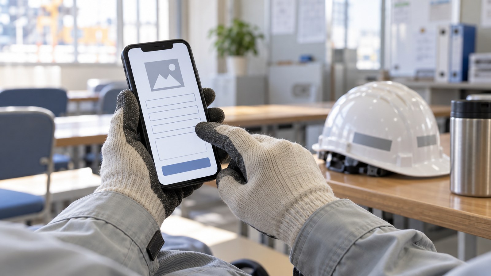 建設業の社内問い合わせフォームを休憩場所でスマートフォンから確認する作業者