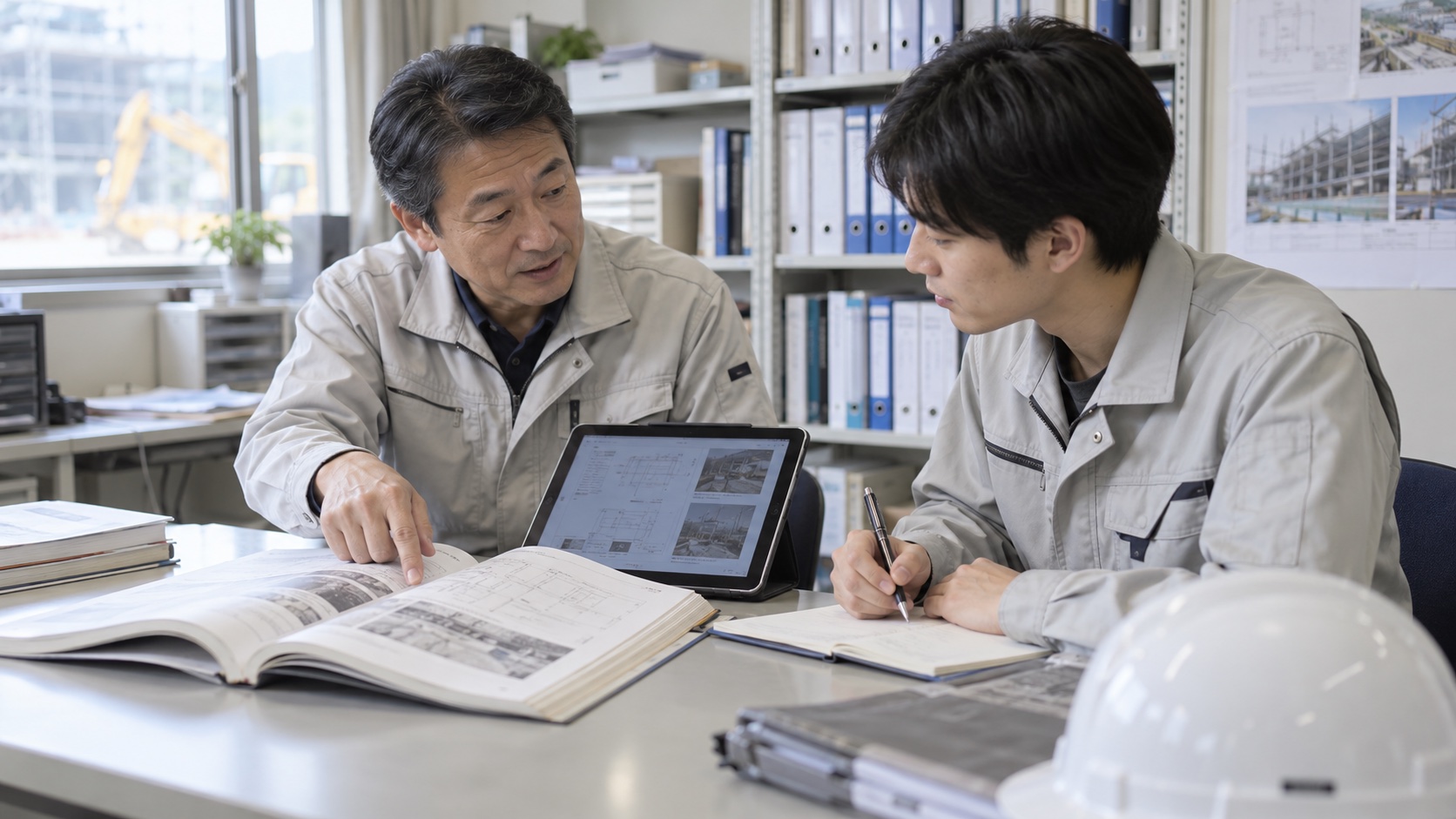 施工マニュアルを見ながら判断の条件を話し合う建設会社の先輩と若手社員