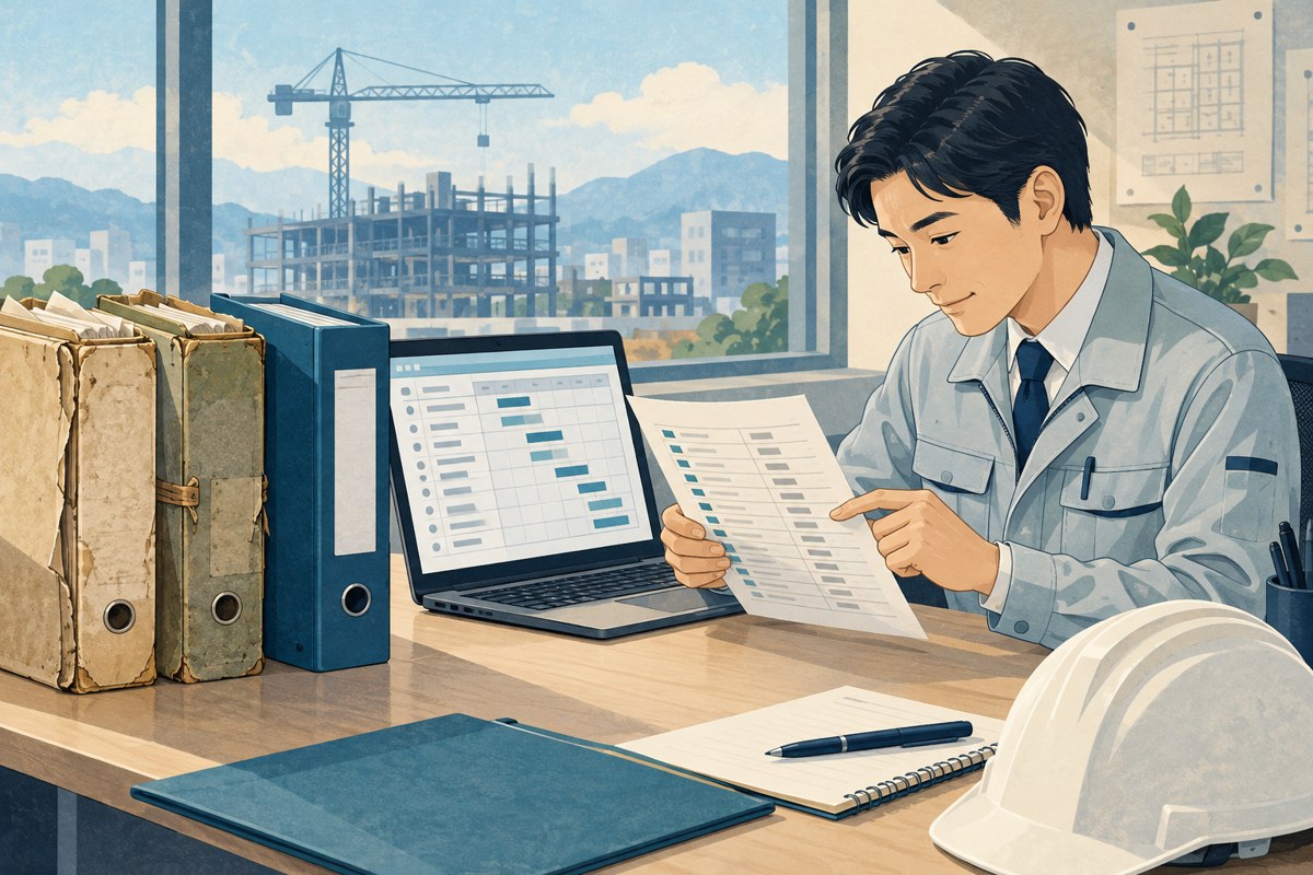 旧資料を残しながら工事情報の対応表を確認する担当者