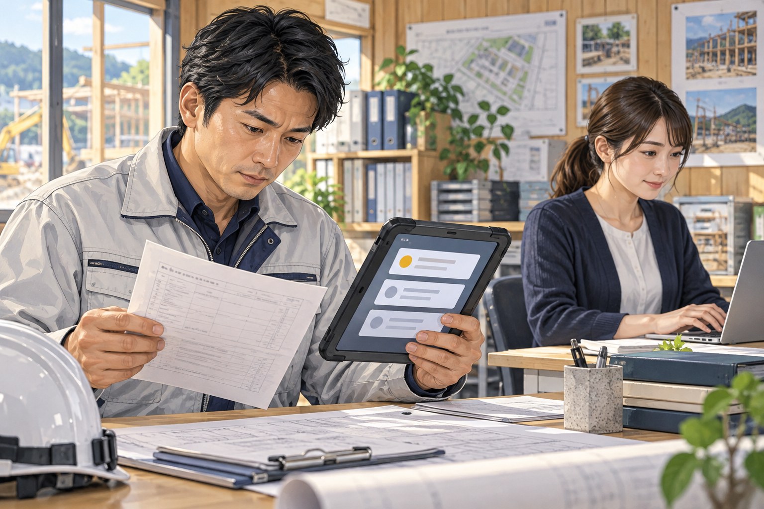 協力会社からの回答を元の記録と照合してから連絡文を確認する担当者
