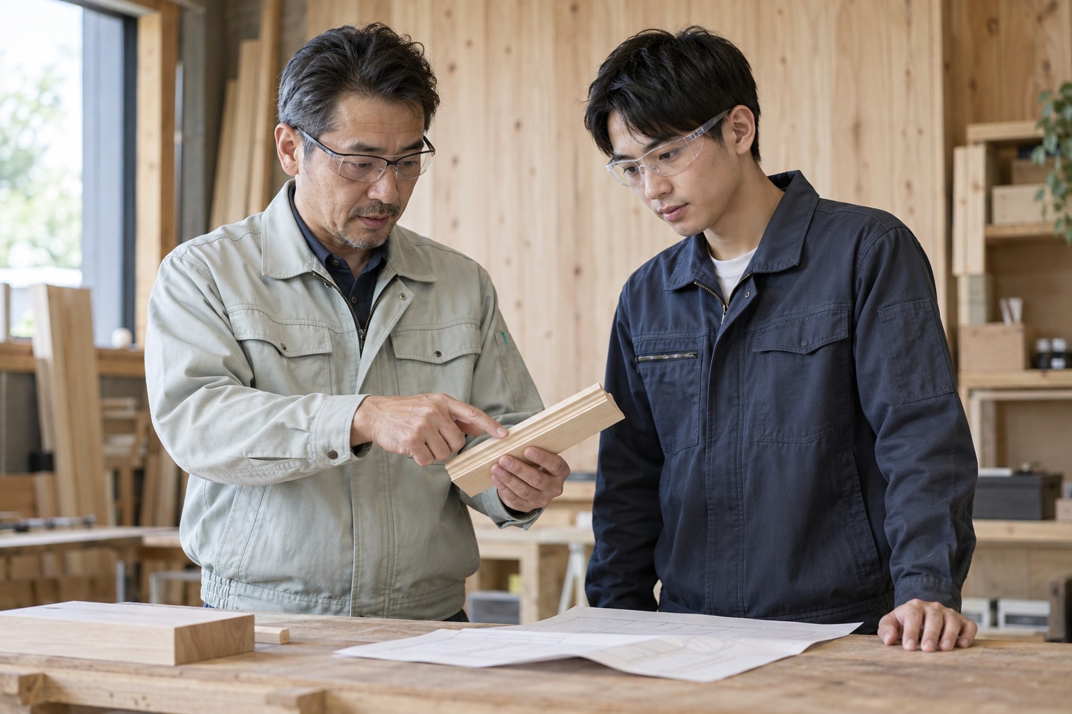 木材の仕上がりを一緒に確かめるリフォーム作業の指導場面
