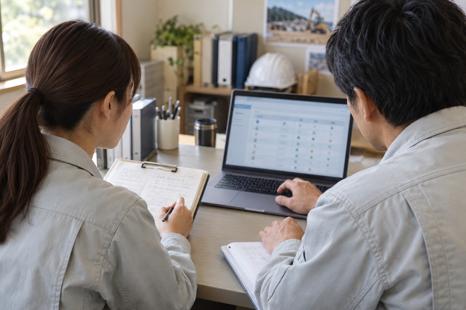 紙の指導メモとパソコンの育成記録を照らし合わせる社員