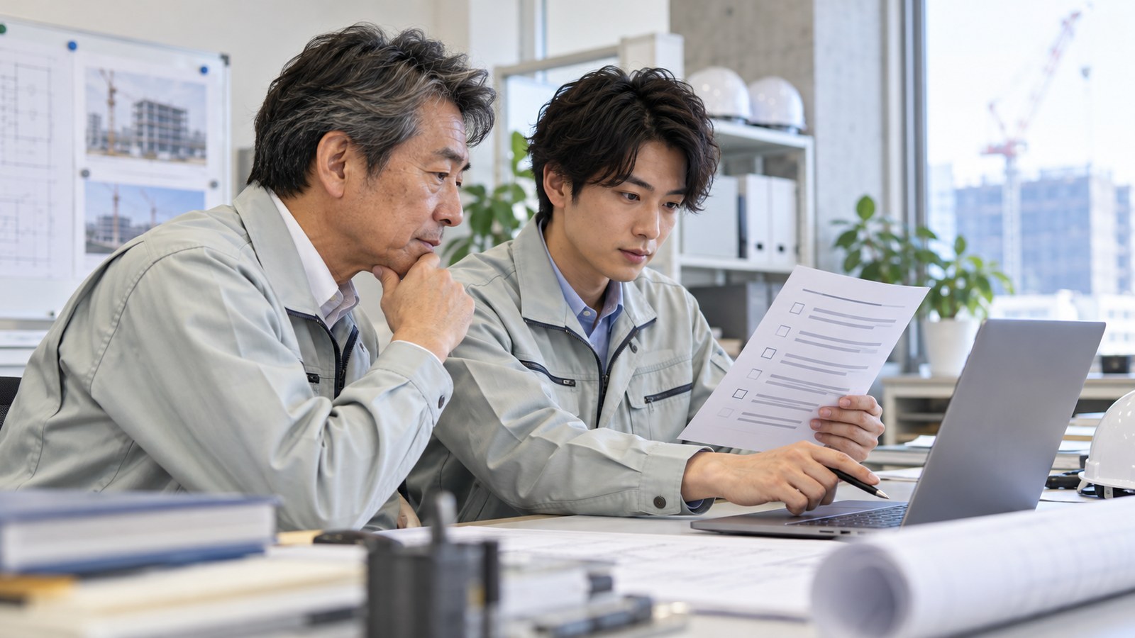 移行後の画面と確認表を照らし合わせる建設会社の担当者