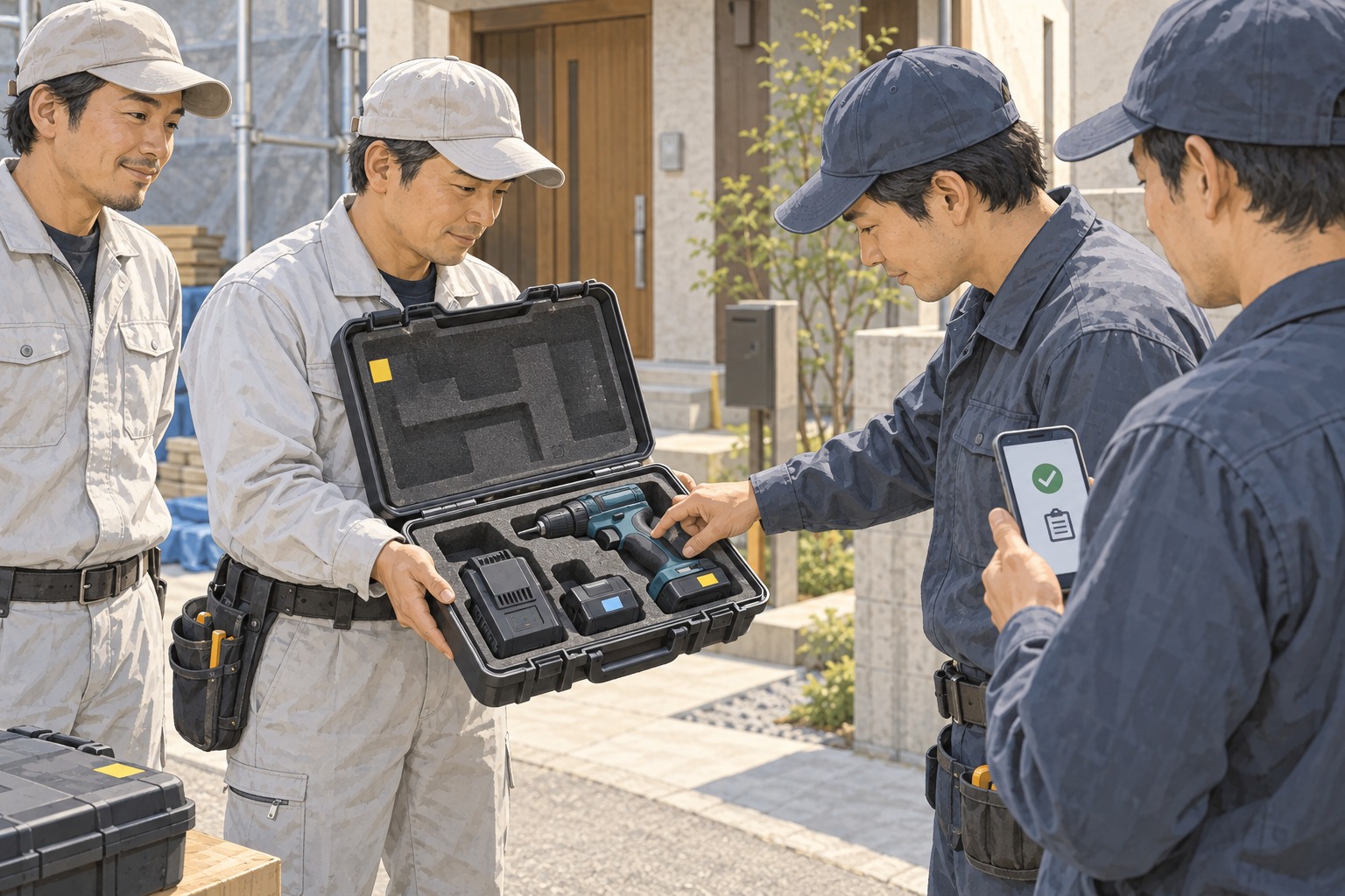現場で工具ケースの中身を確認し、スマートフォンで受け渡しを記録する作業員