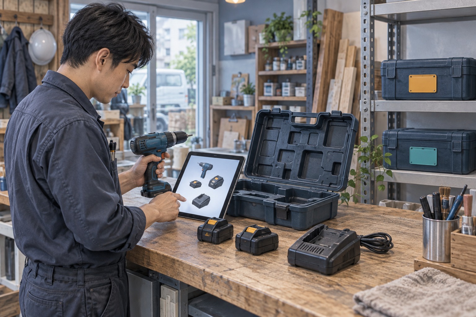 返却された工具と電池、充電器をタブレットの表示に照らして確認する担当者