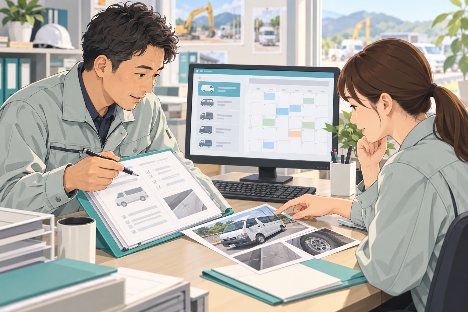 建設業の車両管理の報告メモと整備予定を事務所で確認する担当者