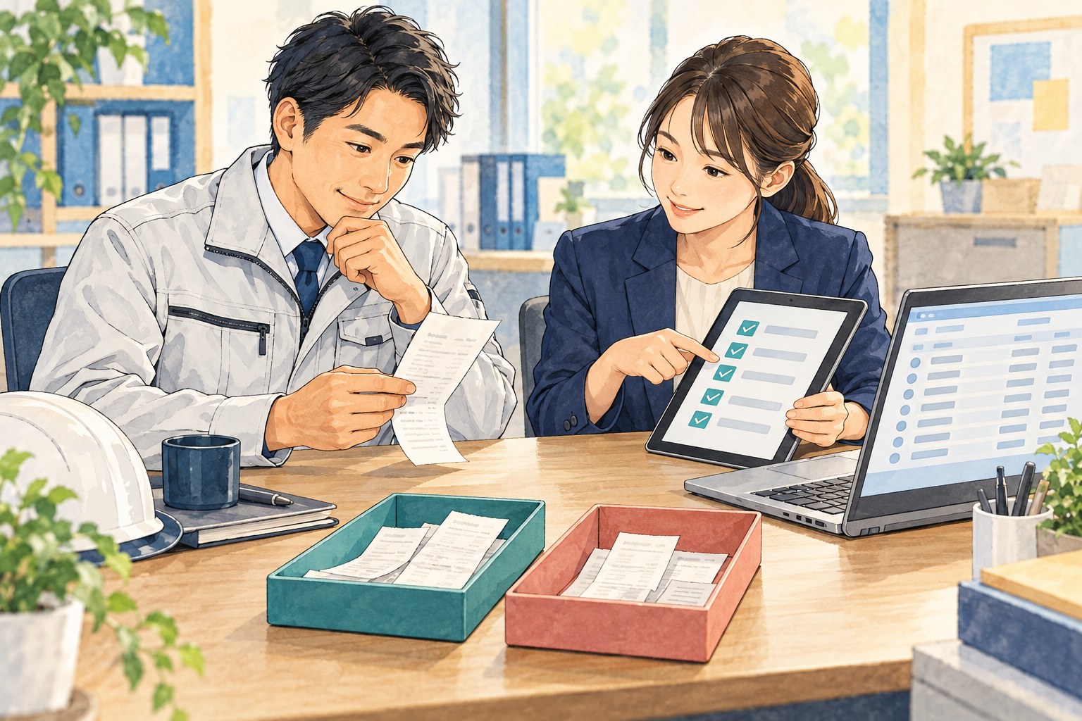 現場担当者と経理担当者が領収書と支払記録を照合しているイメージ