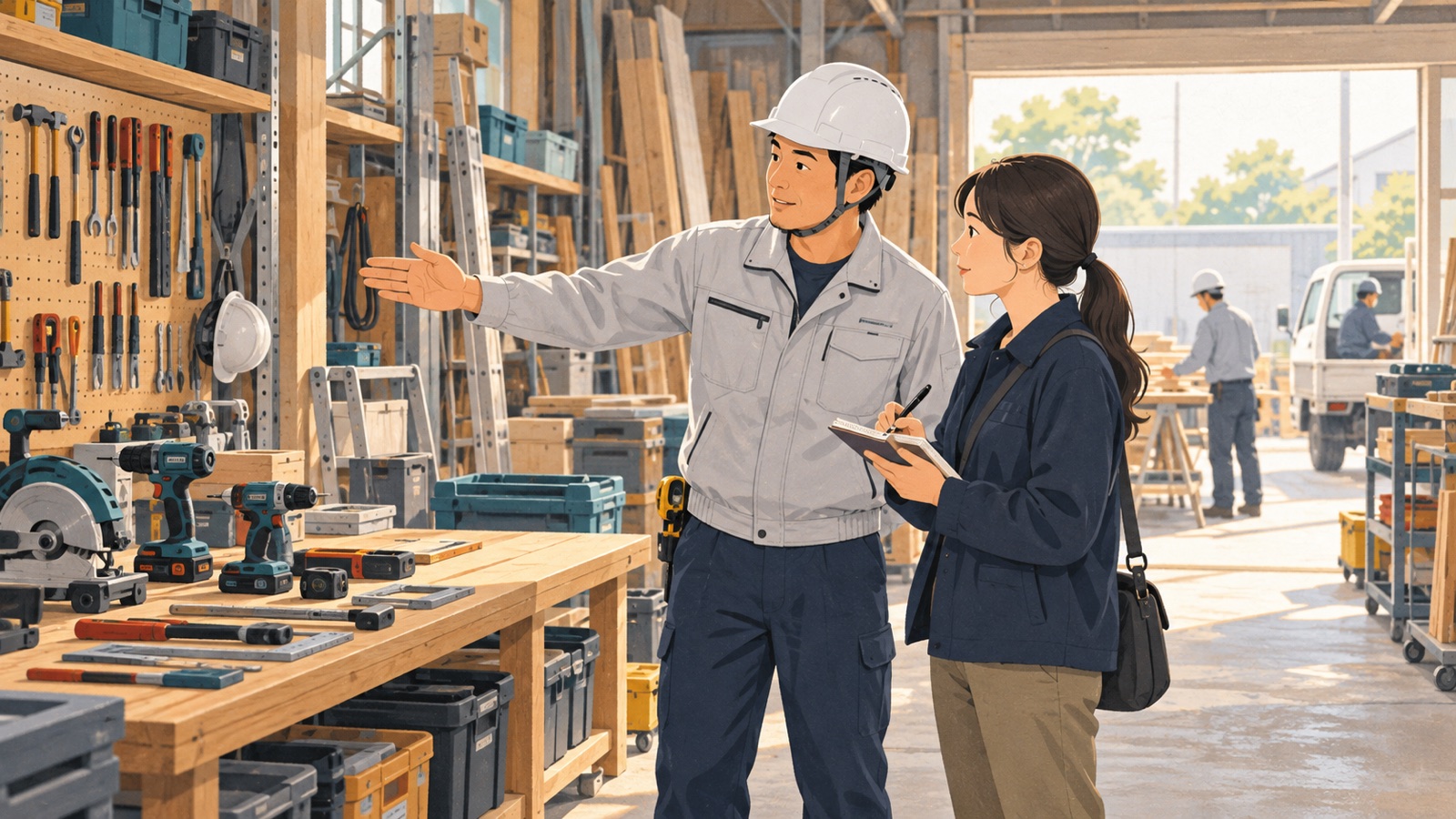 現場の仕事を聞き取り、求人原稿の材料を集めるイメージ