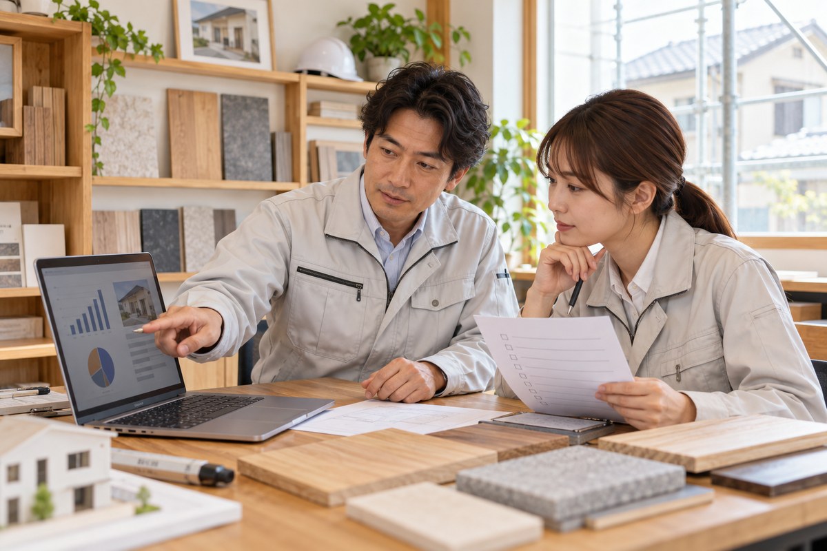 相談内容の集計を見ながら改善点を話し合う担当者