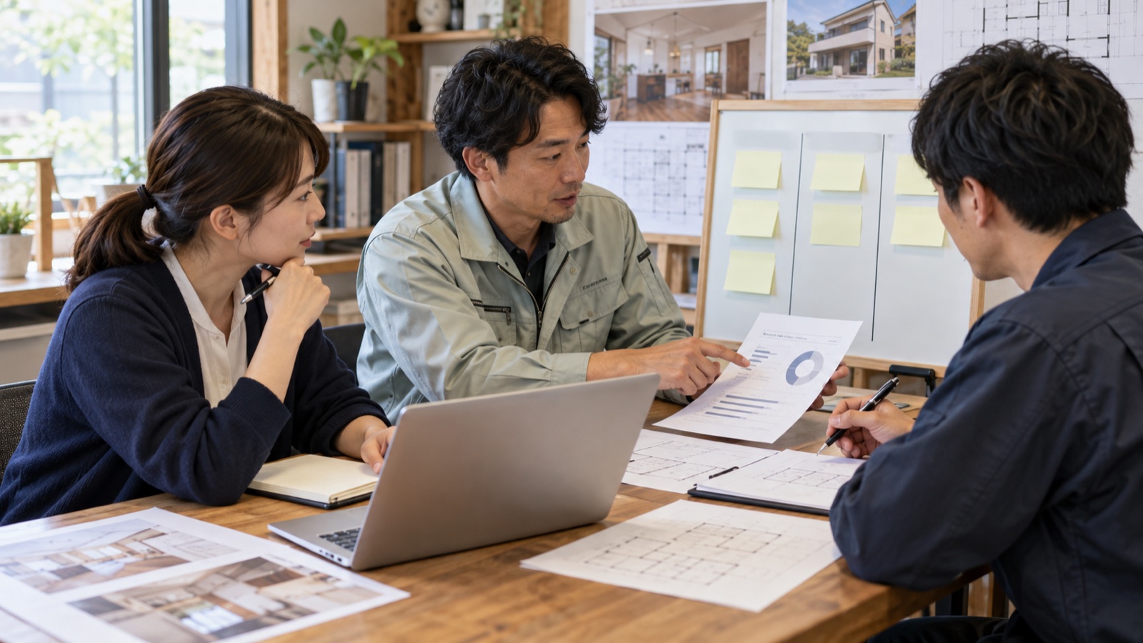 顧客の回答をもとに工事の改善策を話し合う担当者のイメージ
