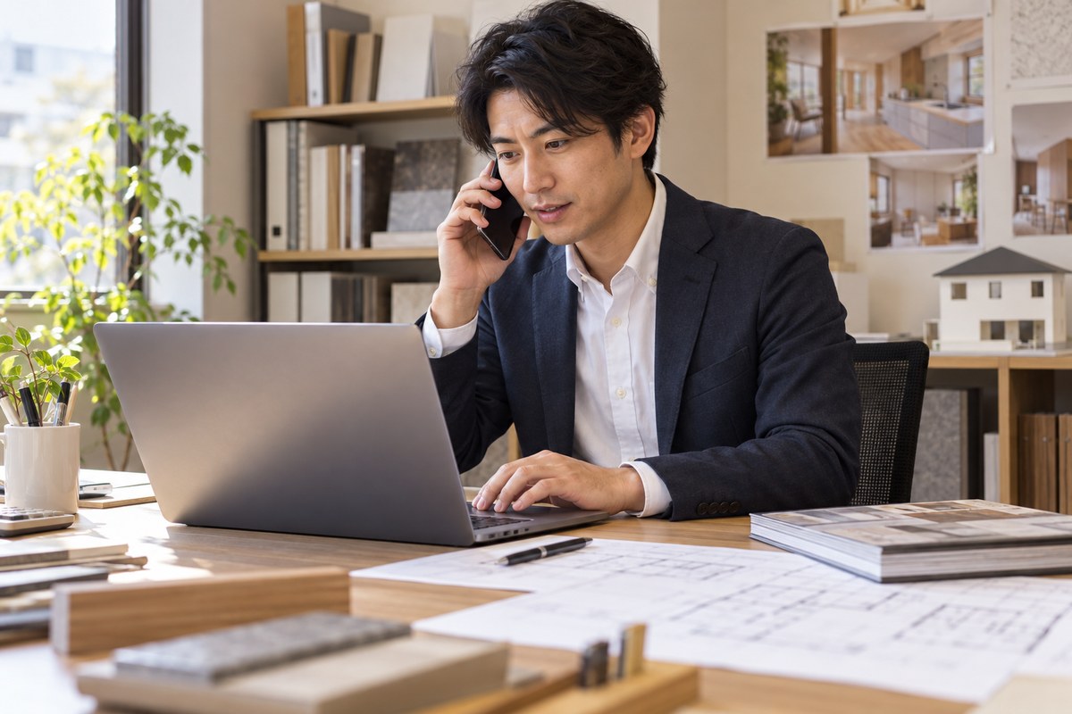 仕入条件を電話で再確認するリフォーム会社の営業担当者