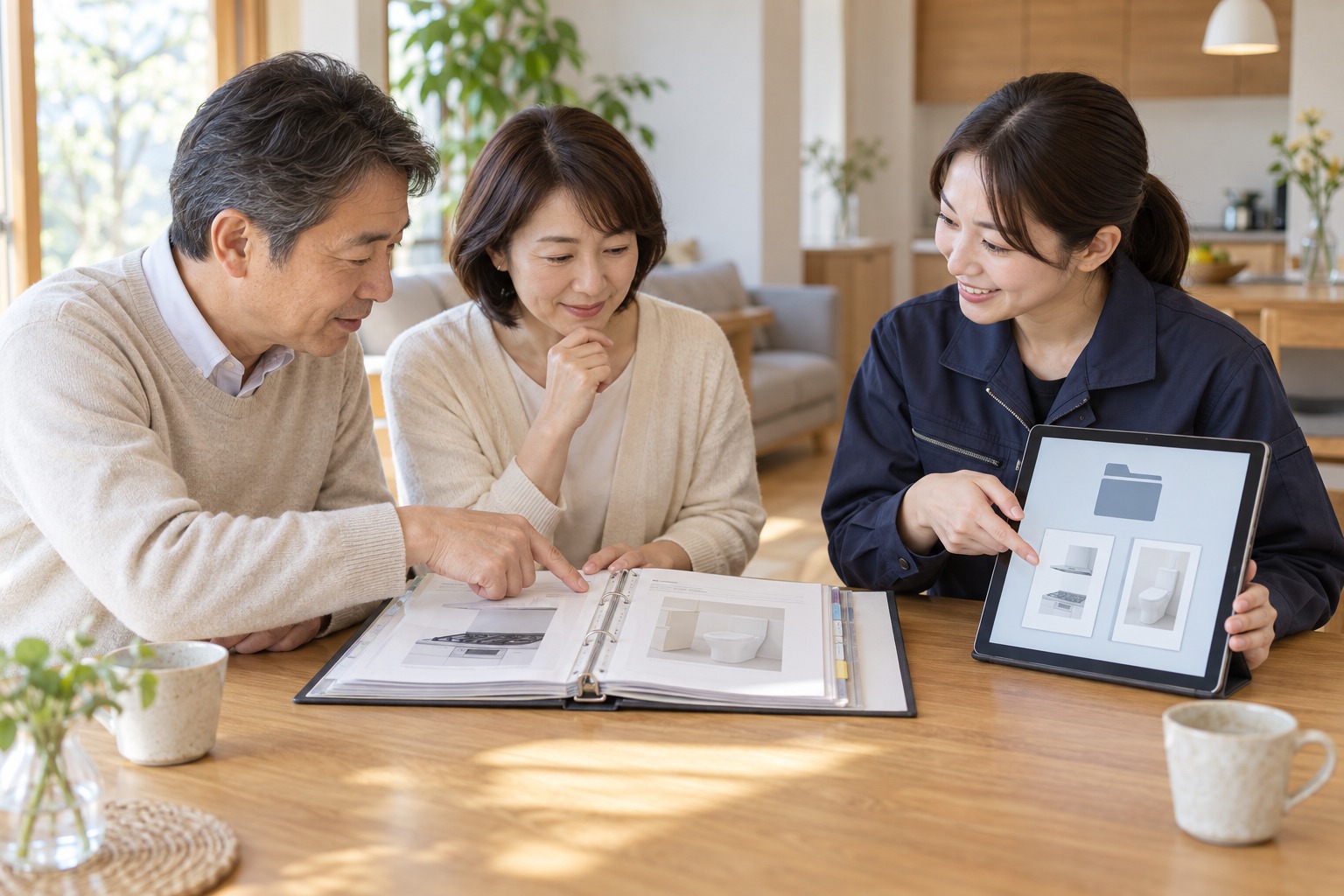 紙の資料とタブレットを使って引き渡し書類の見方を説明する場面