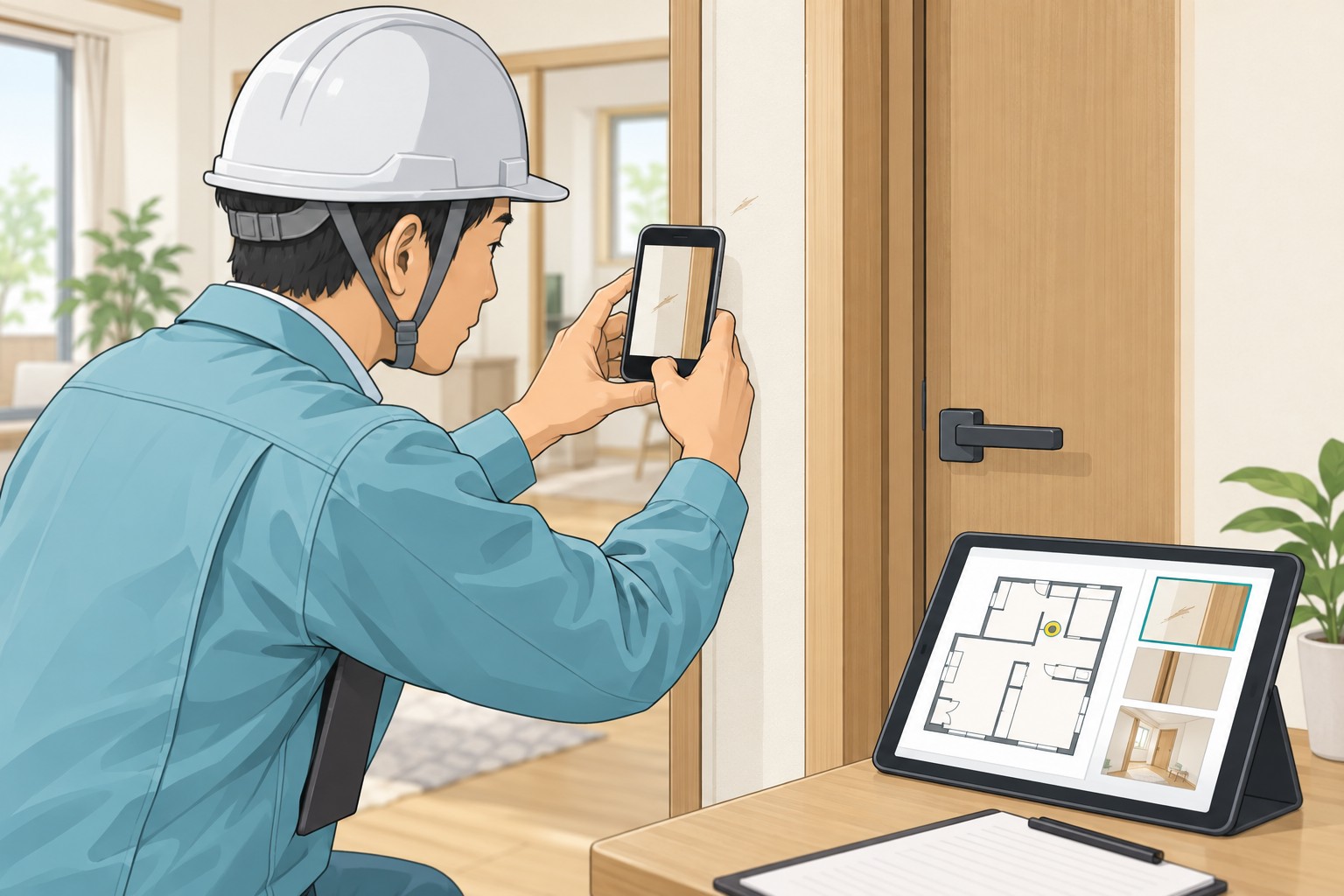 リフォーム工事の完了検査で建具の指摘箇所を写真と図面に記録する担当者