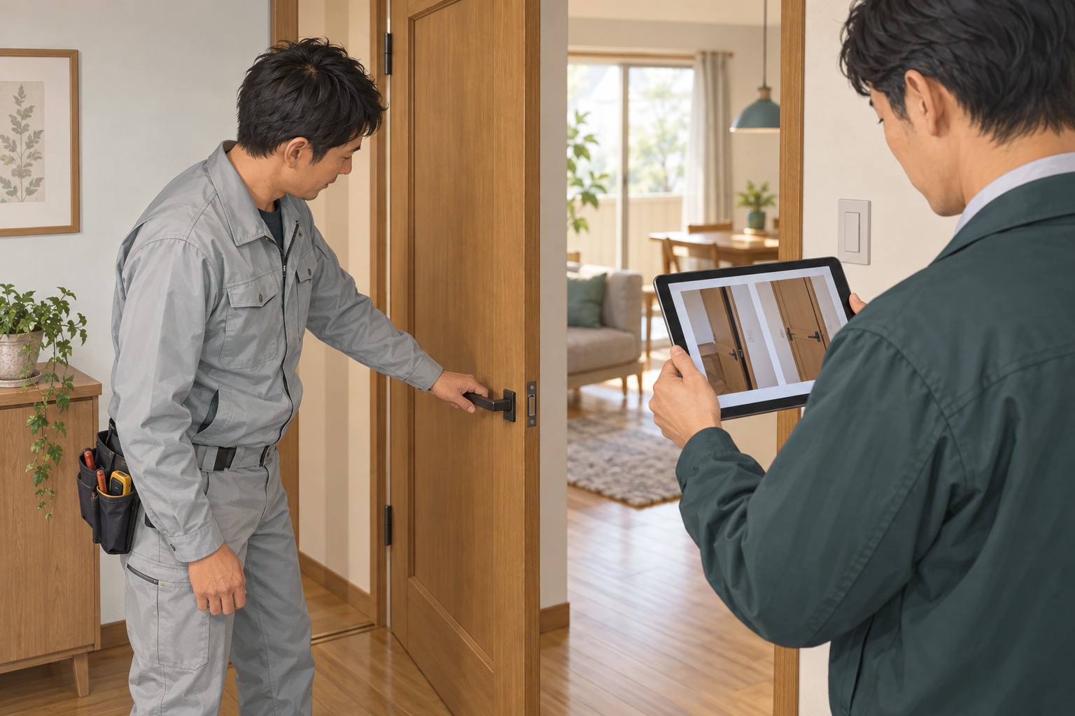 建具の手直し後に動作と検査記録を照合する現場担当者