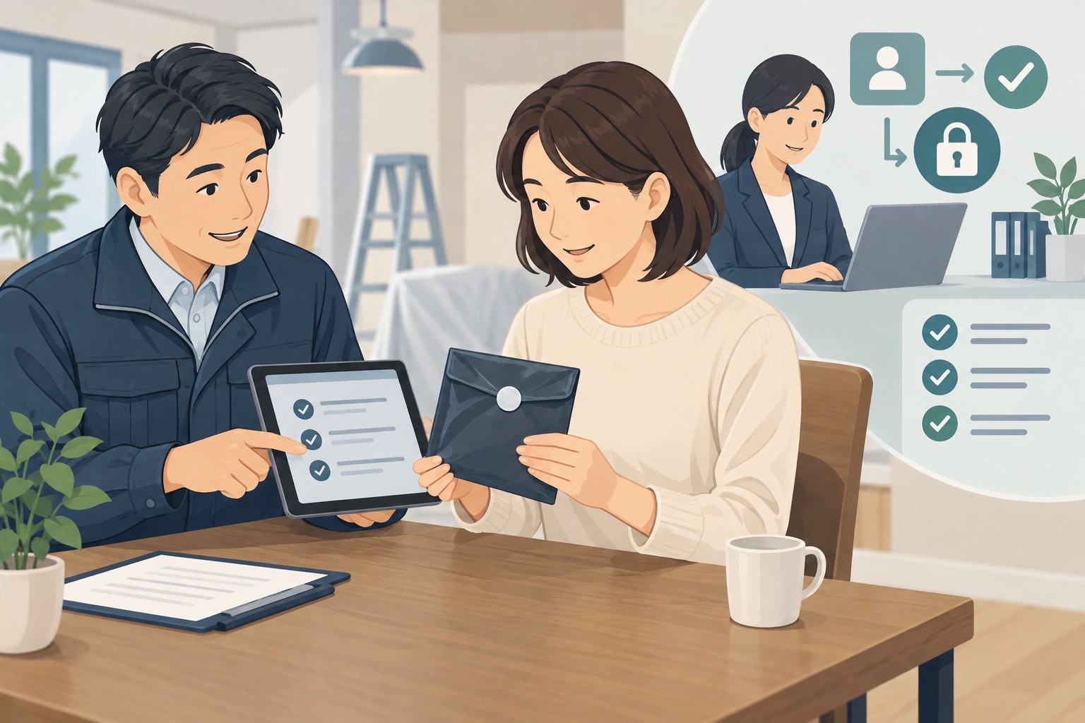 工事完了時に施主と鍵の返還を確認し、端末で利用権限の終了を点検する場面