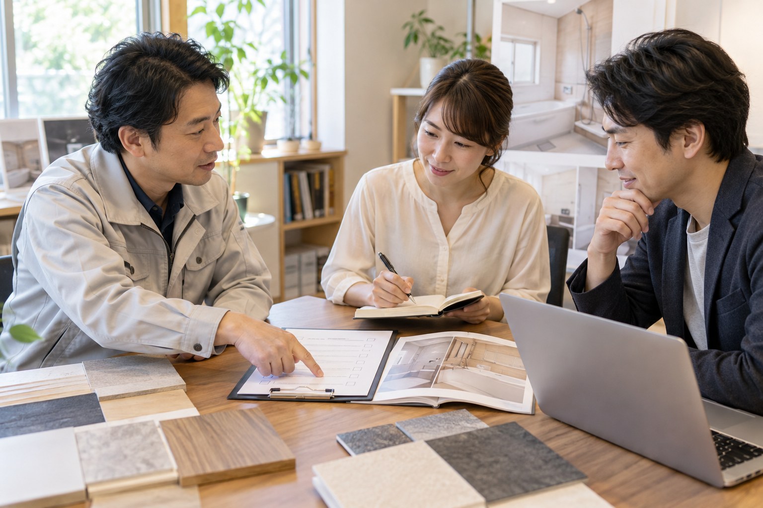 リフォームの営業記録をもとに次の説明方法を話し合う担当者たち