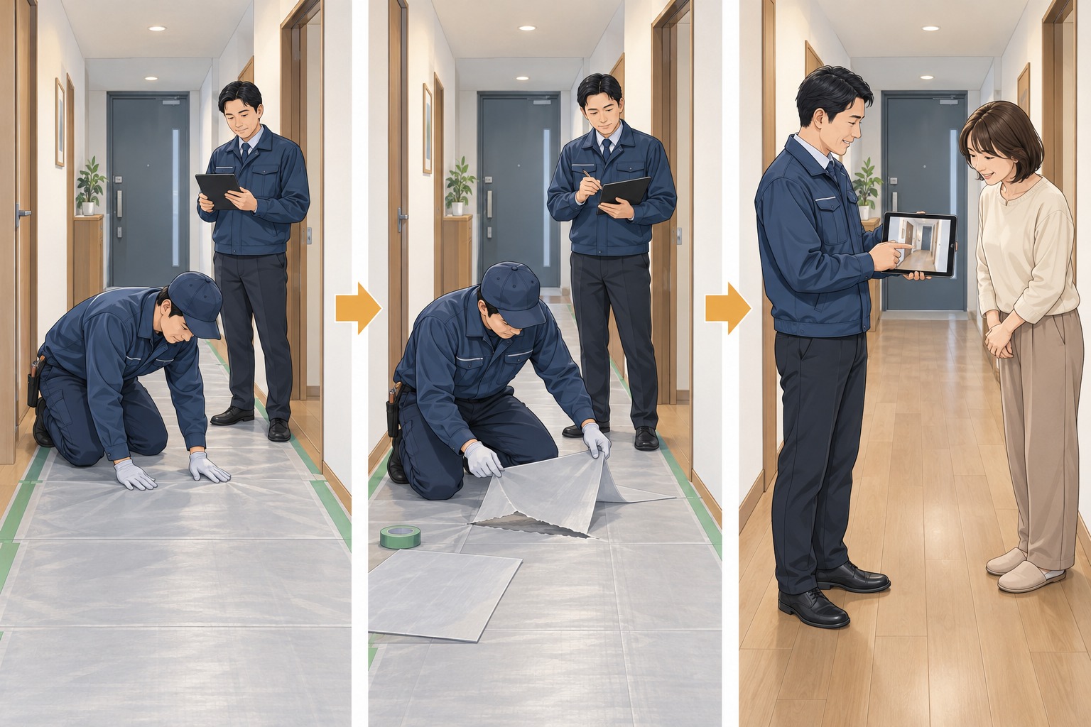 養生の設置、補修、撤去後の確認をつなげるイラスト