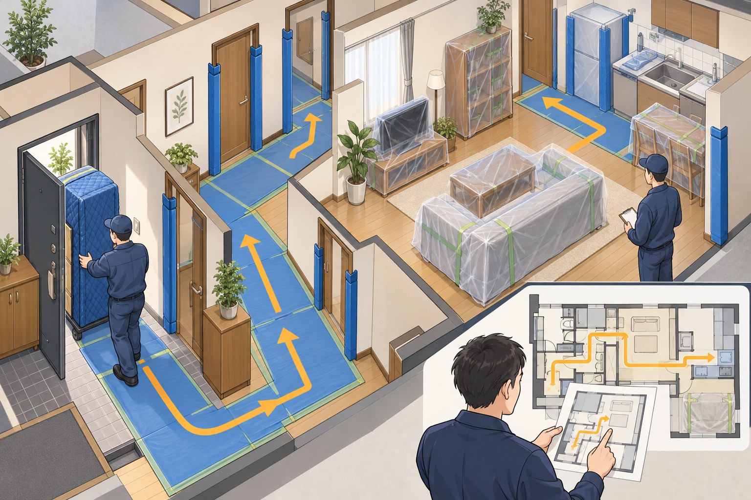 搬入経路と家財を含めて養生範囲を検討する室内のイラスト