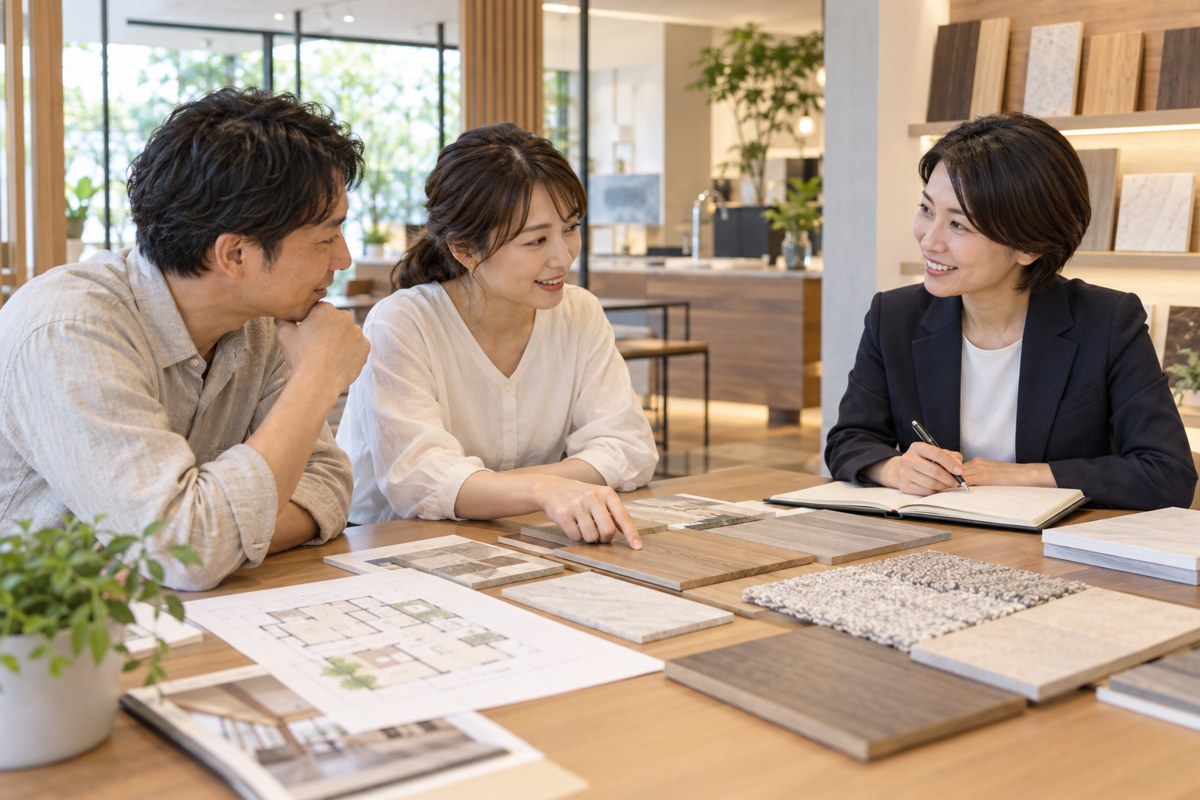 図面とサンプルを囲み住まいの希望を確認する相談風景