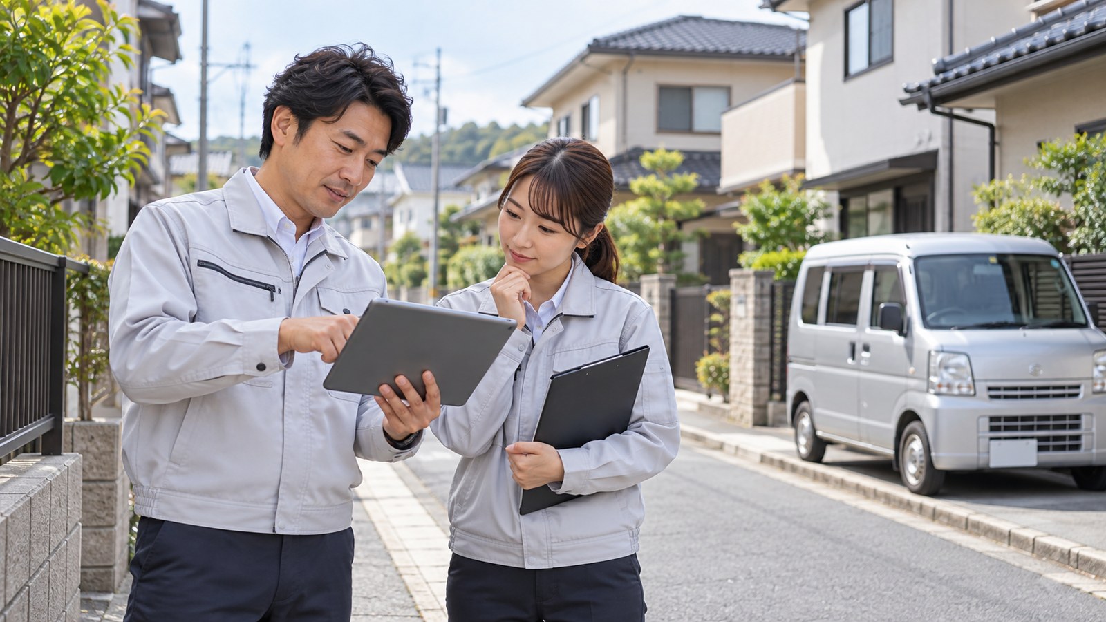 住宅街でタブレットを見ながら訪問経路を確認する担当者