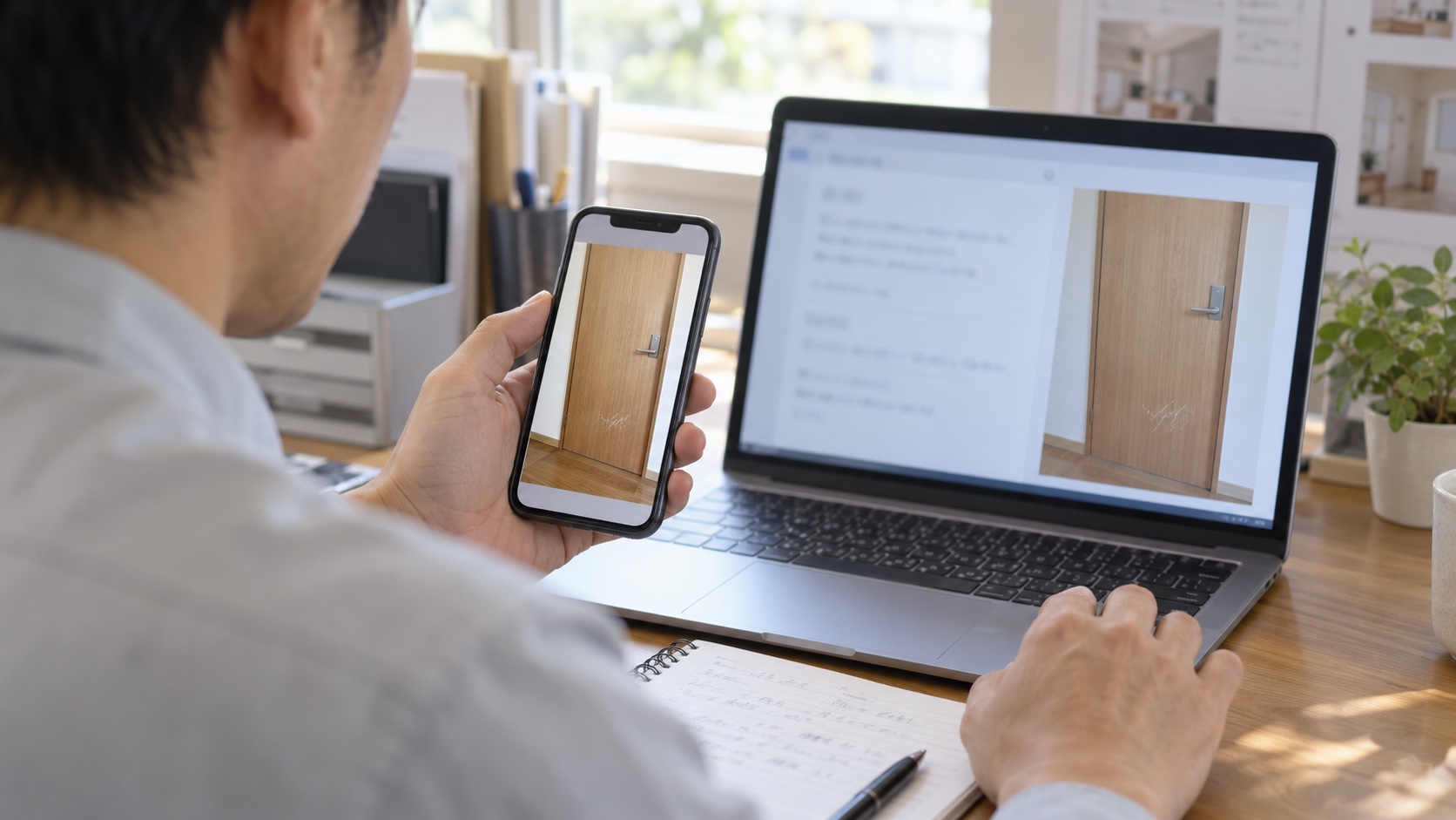 お客様の修理相談と写真を見ながら受付内容を確認する担当者