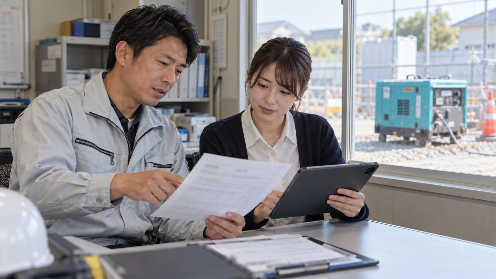 機械の返却資料を現場担当者と事務担当者が確認するイメージ
