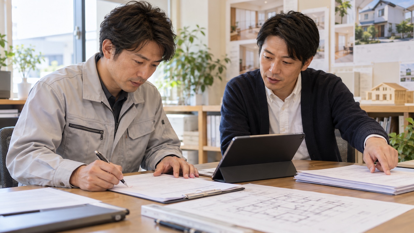 見積の改訂資料と発注条件を打ち合わせる担当者のイメージ