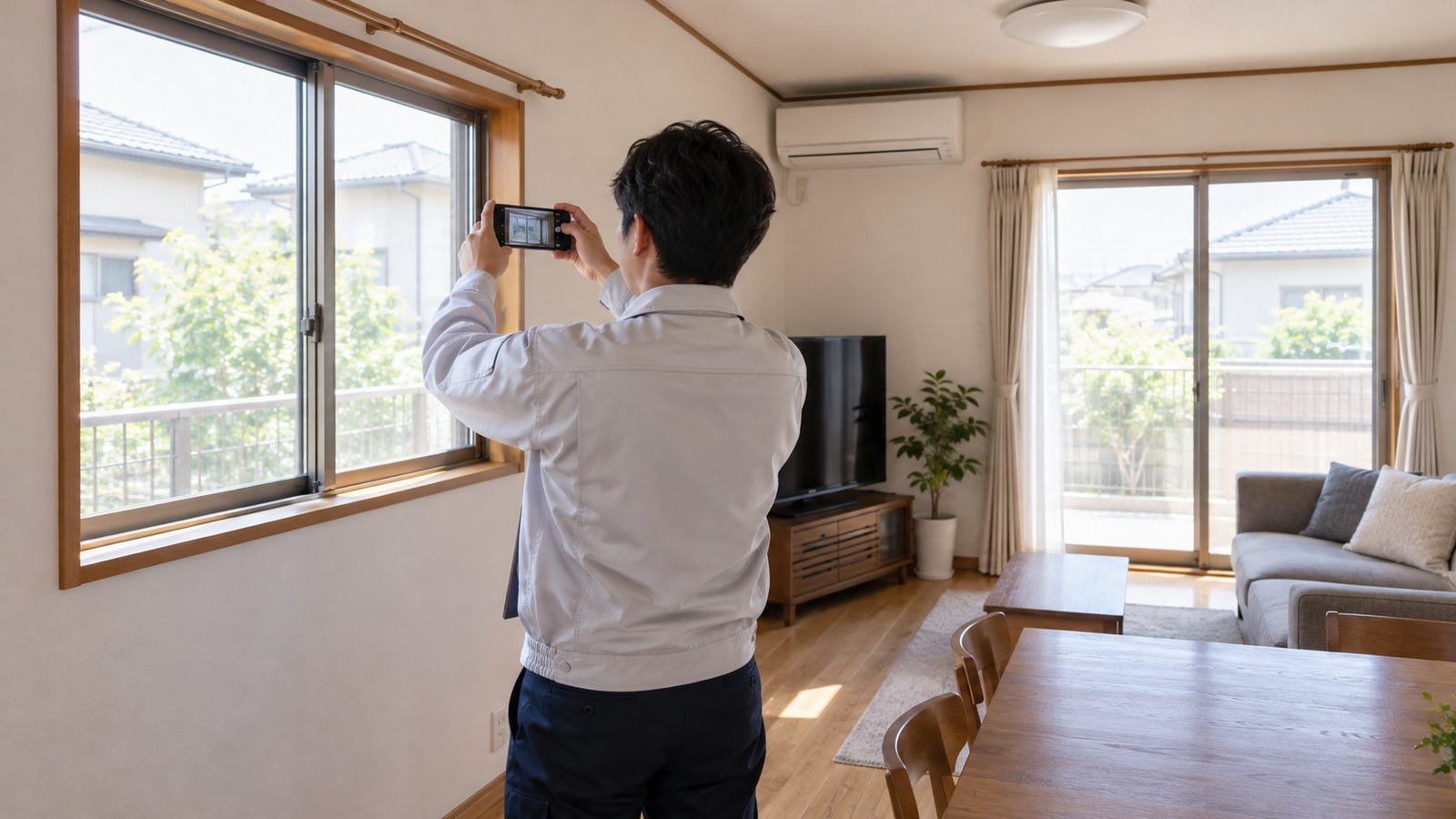 リフォームの補助金申請管理に備えて窓の工事前写真を撮るイメージ